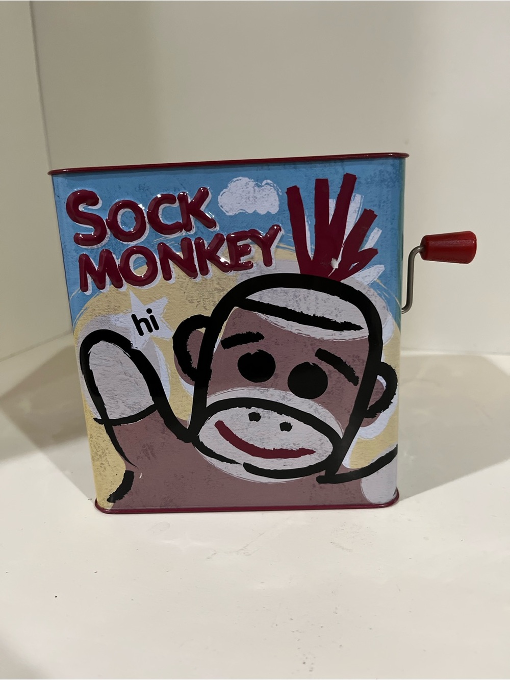 Sock Monkey Hand-Crank Music Box - Red, Blue, Tan
